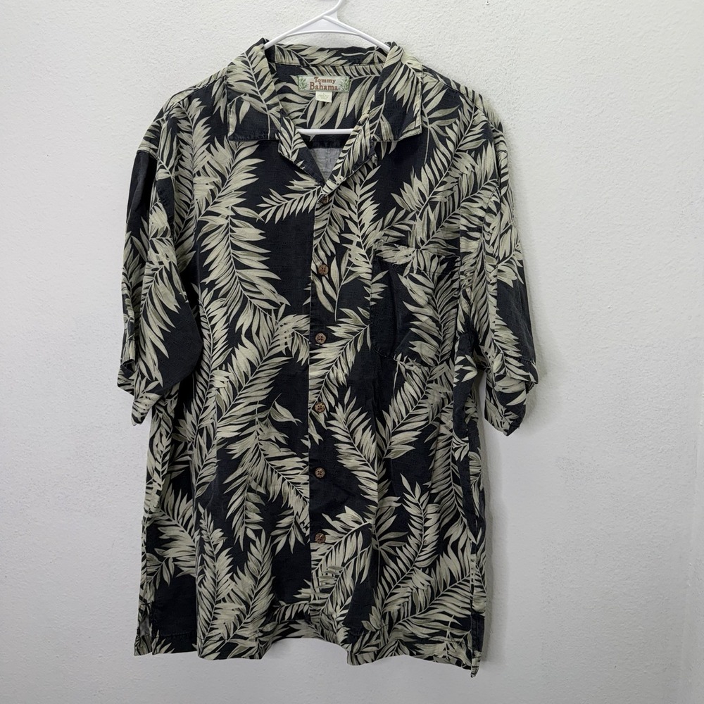 Tommy Bahama Mens Large 100% Silk Palm Leaf Print Short Sleeve Camp Shirt Black